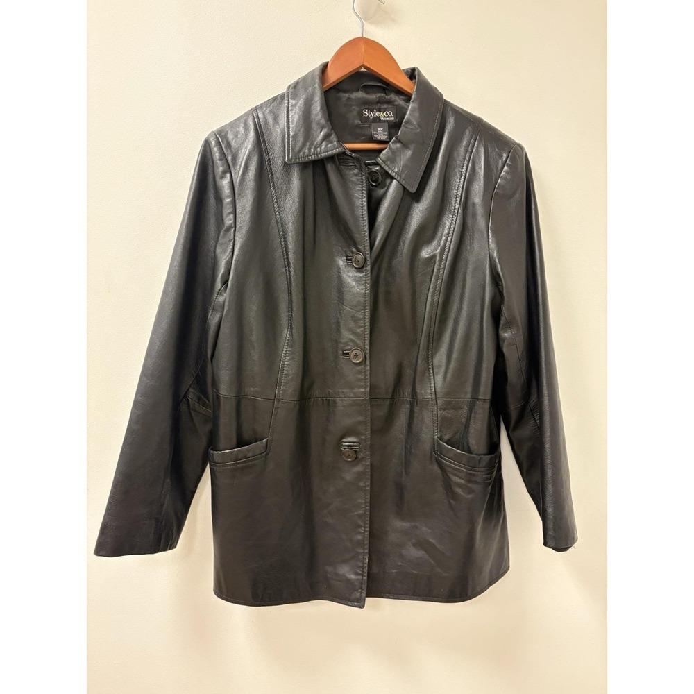 Style & Co Black Genuine Leather Blazer Jacket Womens Medium